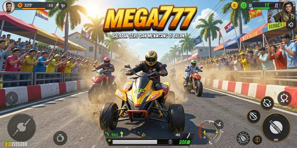 Screenshot MEGA777 menampilkan aksi balap yang mendebarkan dan mobil yang stylish.
