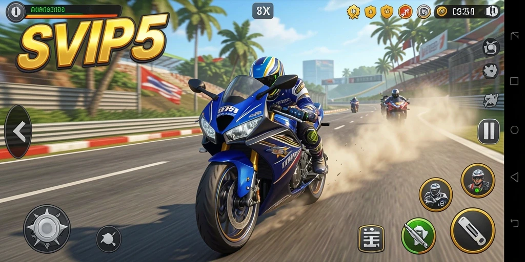 Tampilan gameplay balapan motor yang seru dan mendebarkan di SVIP5.